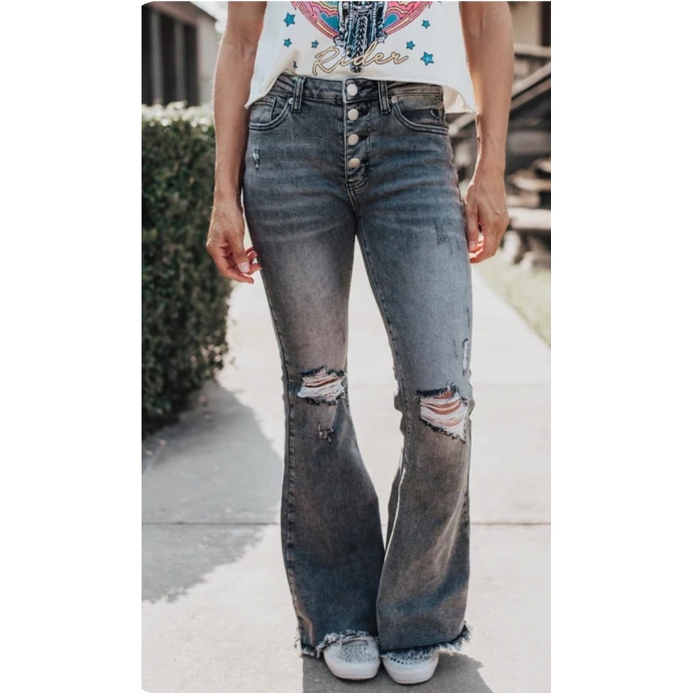 Risen Jeans Gray Distressed Button Fly Flares Raw Hem Women's Size 30/11 Boho